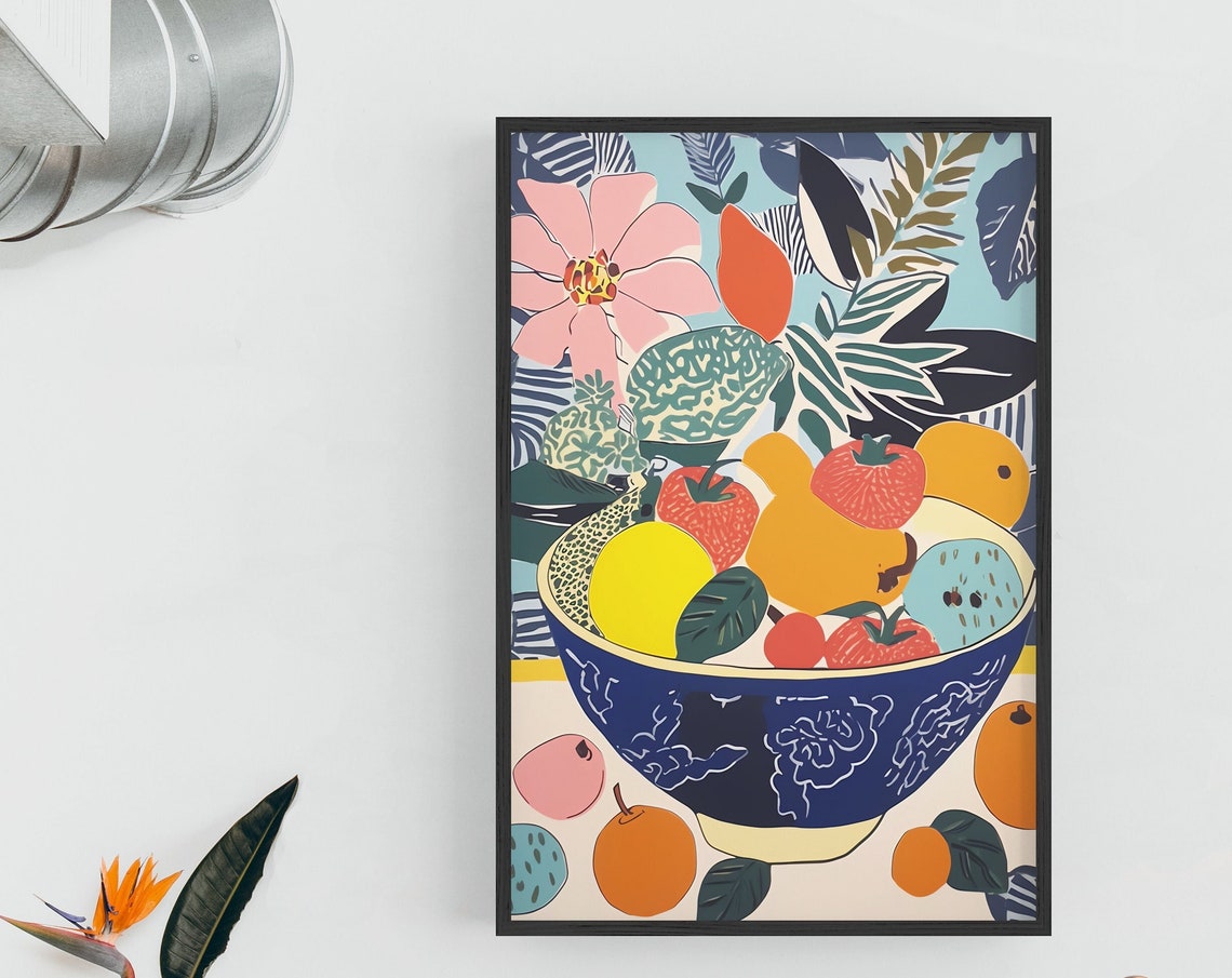 Colorful Fruit Bowl Tropical Leaves Kitchen Wall Decor Poster