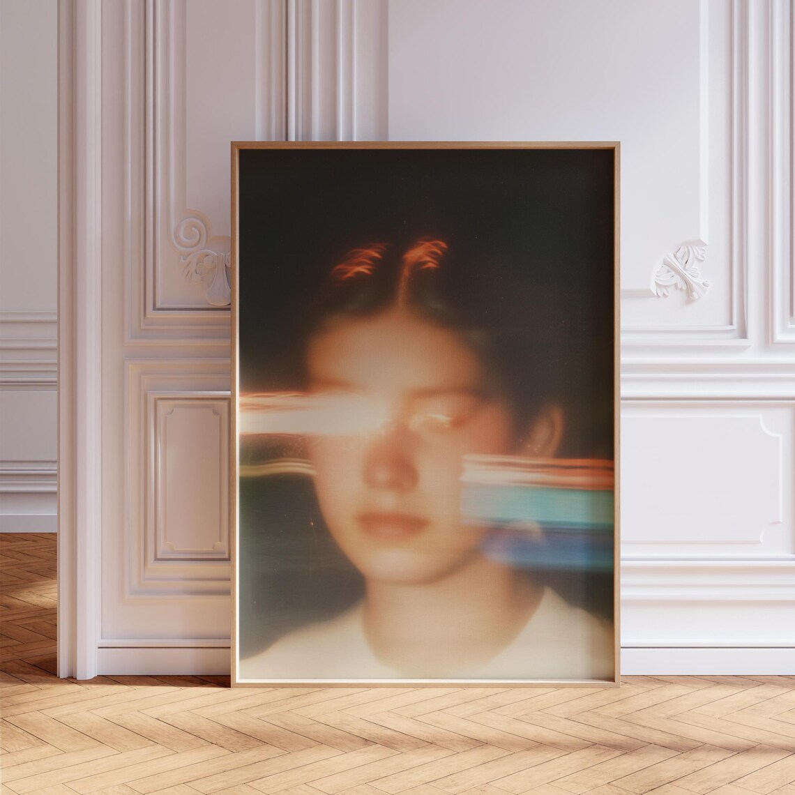 Ethereal Glitch Portrait Light Streaks Moody Surreal Art Poster