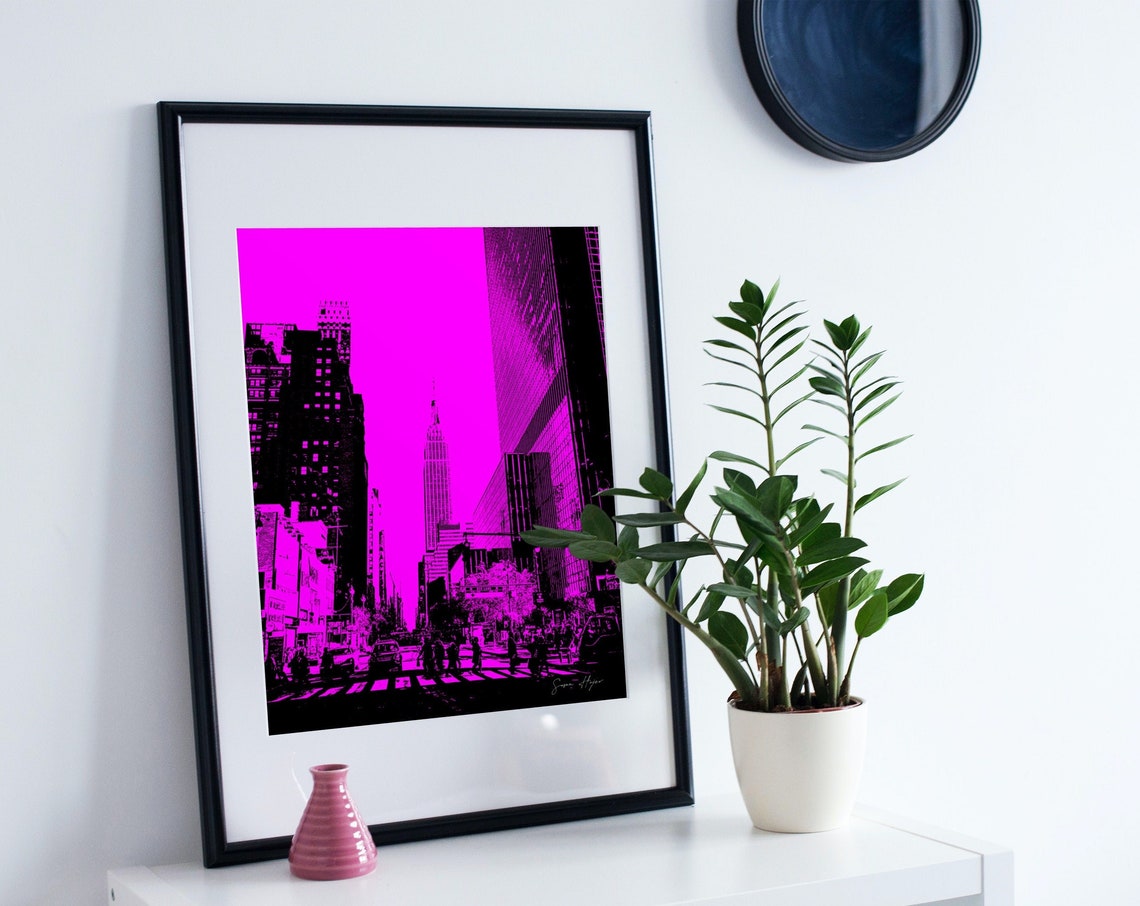 Neon Pink New York Cityscape Poster Empire State Skyline Pop Art Decor