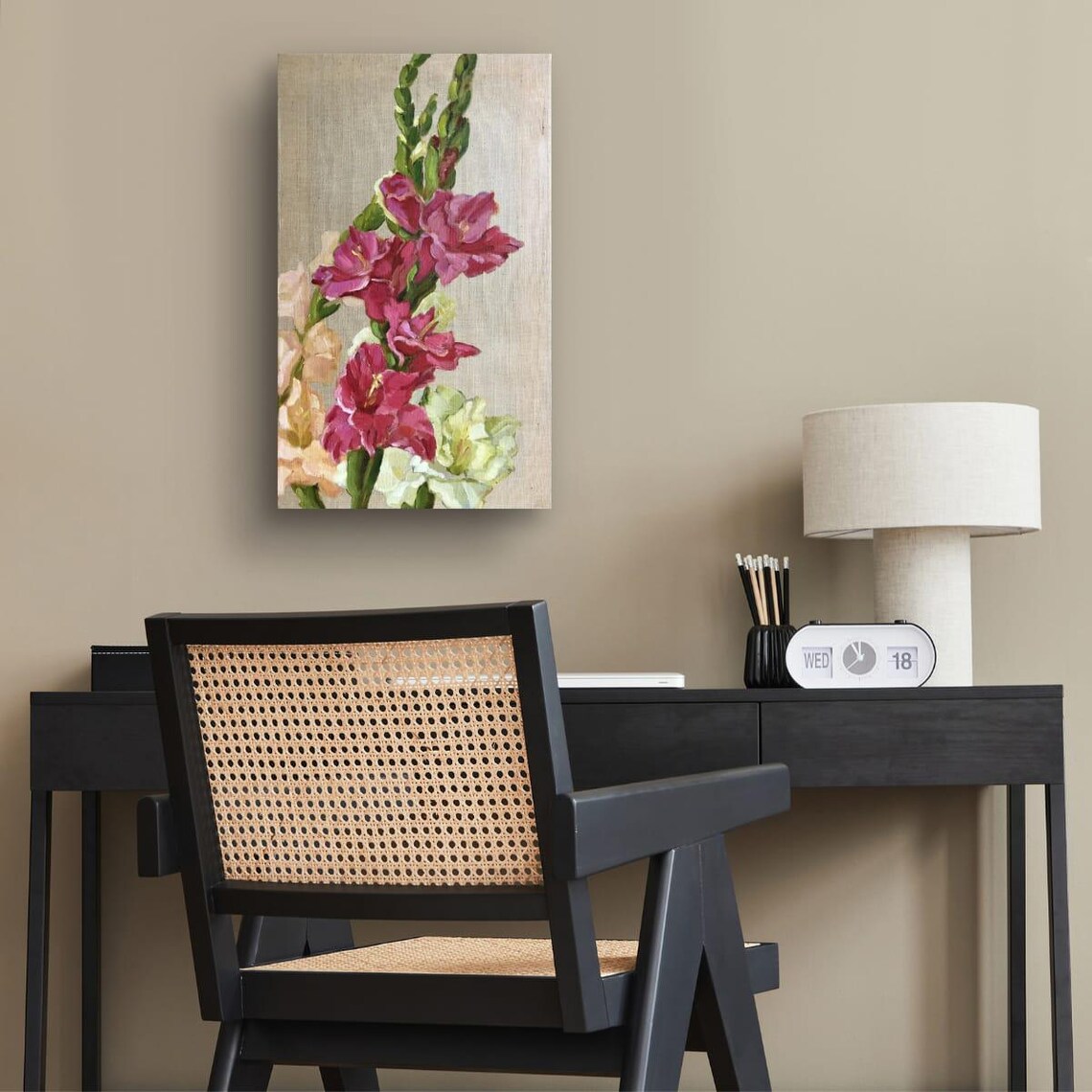 Gladiolus Pink White Oil Painting On Linen Floral Botanical Poster