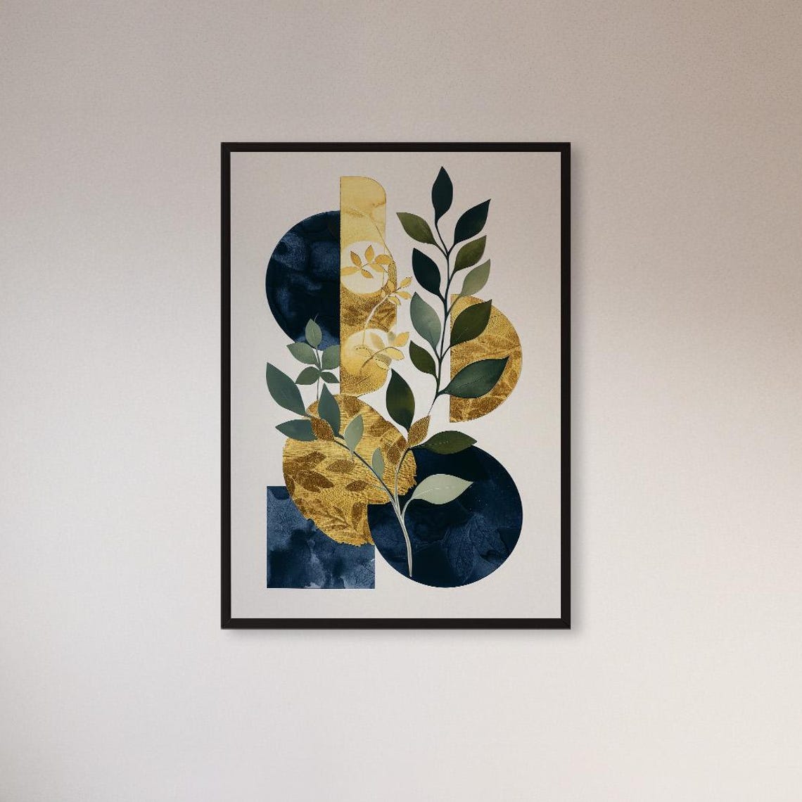 Navy Blue And Gold Geometric Botanical Abstract Modern Art Poster