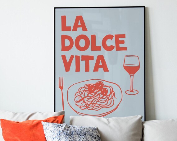 La Dolce Vita Red Blue Pasta Wine Italian Kitchen Decor Poster