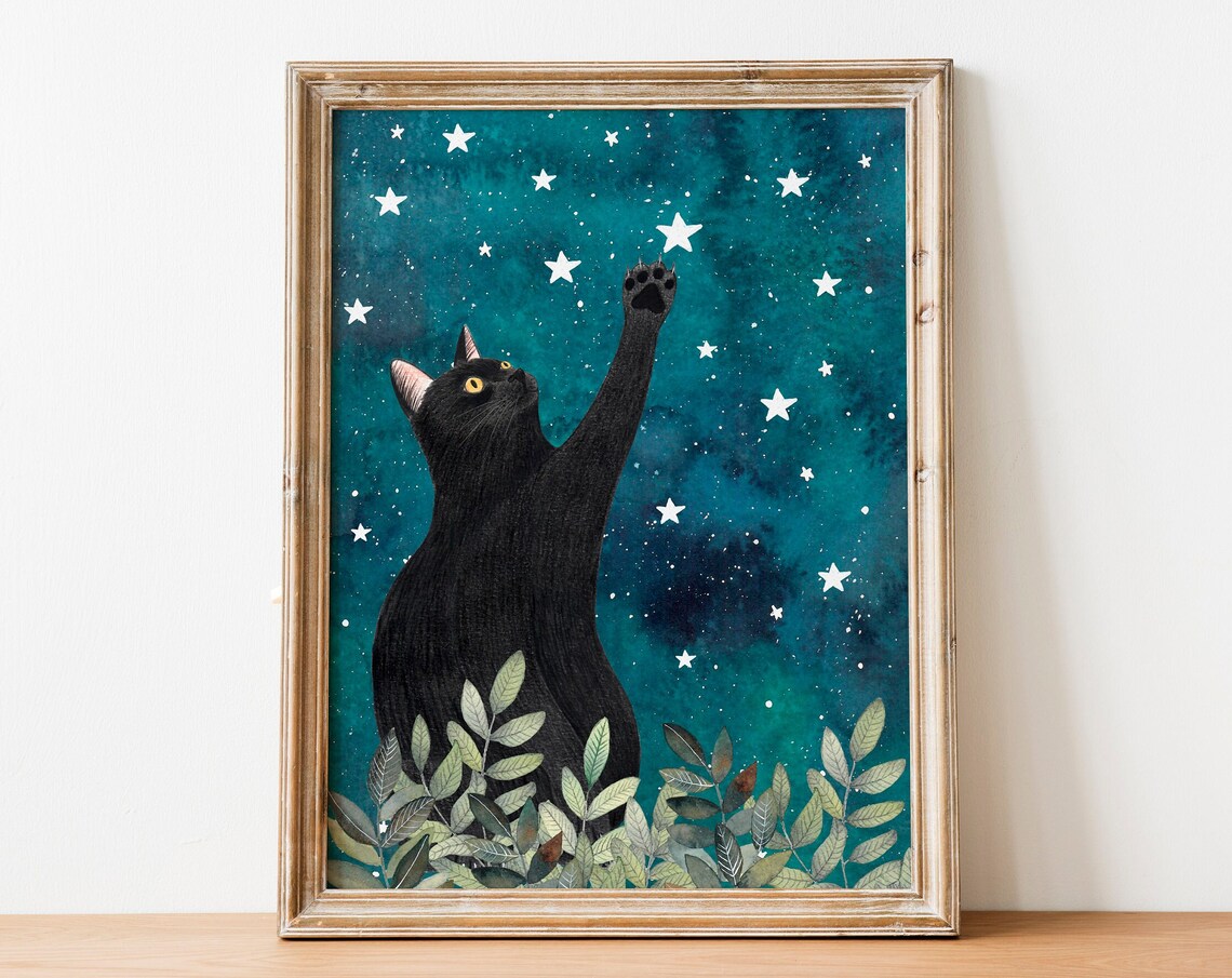 Whimsical Cat Night Sky Kids Room Art Print