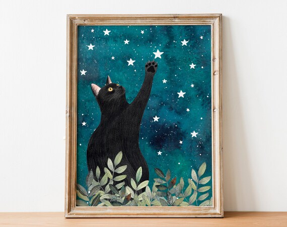 Whimsical Cat Night Sky Kids Room Art Print