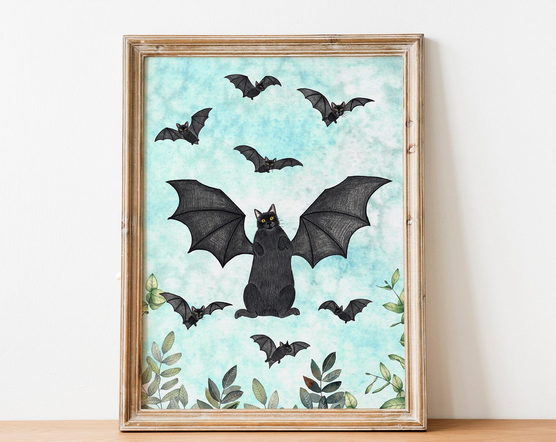Black Cat Bat Print Halloween Poster, Kids Room Decor