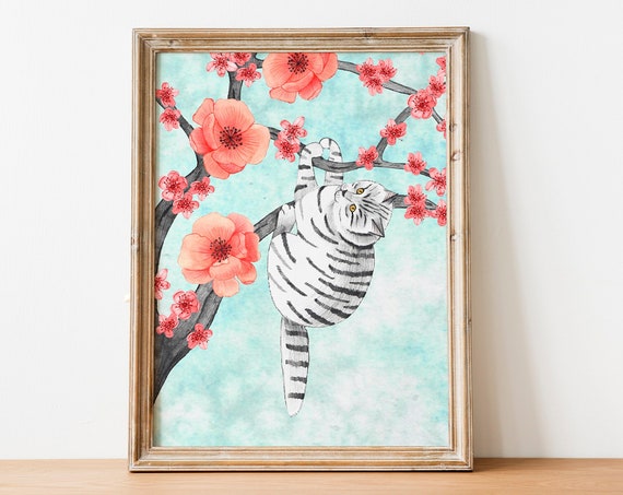 Cat Illustration Tabby Wall Art Grey Painting Animal Print Floral Decor Kids Room Themed Gifts Lover