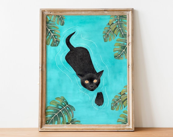 Black Cat Swimming Turquoise Pool Watercolor Jungle Leaves Print