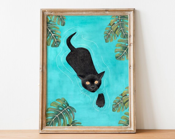 Cat Art Print Black Painting Jungle Illustration Animal Wall Cats Poster Funny Prints Kitten Artwork Boho Home Decor