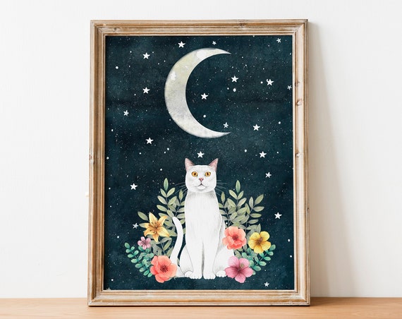 Night Cat Art Print, Moon and Stars Kids Decor
