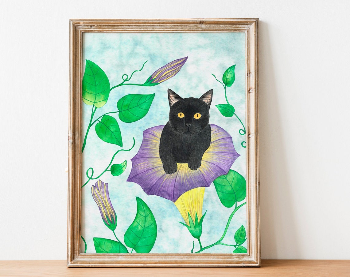 Black Cat Flower Illustration Art Print