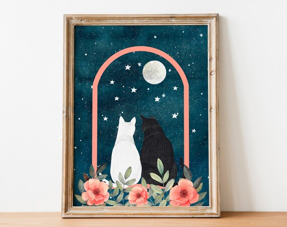 Black Cat Wall Art, Moon and Stars Poster