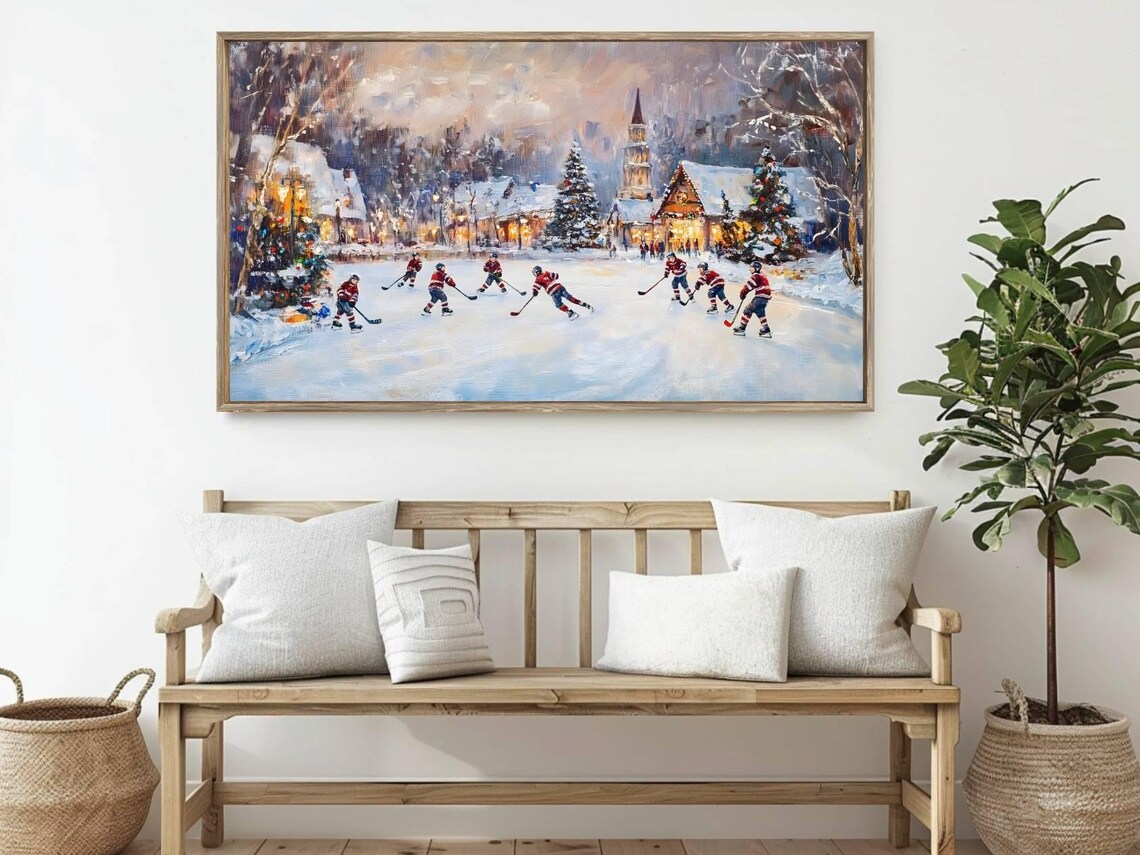 Vintage Hockey Players Frozen Pond Village Christmas Winter Art Poster - Image 2