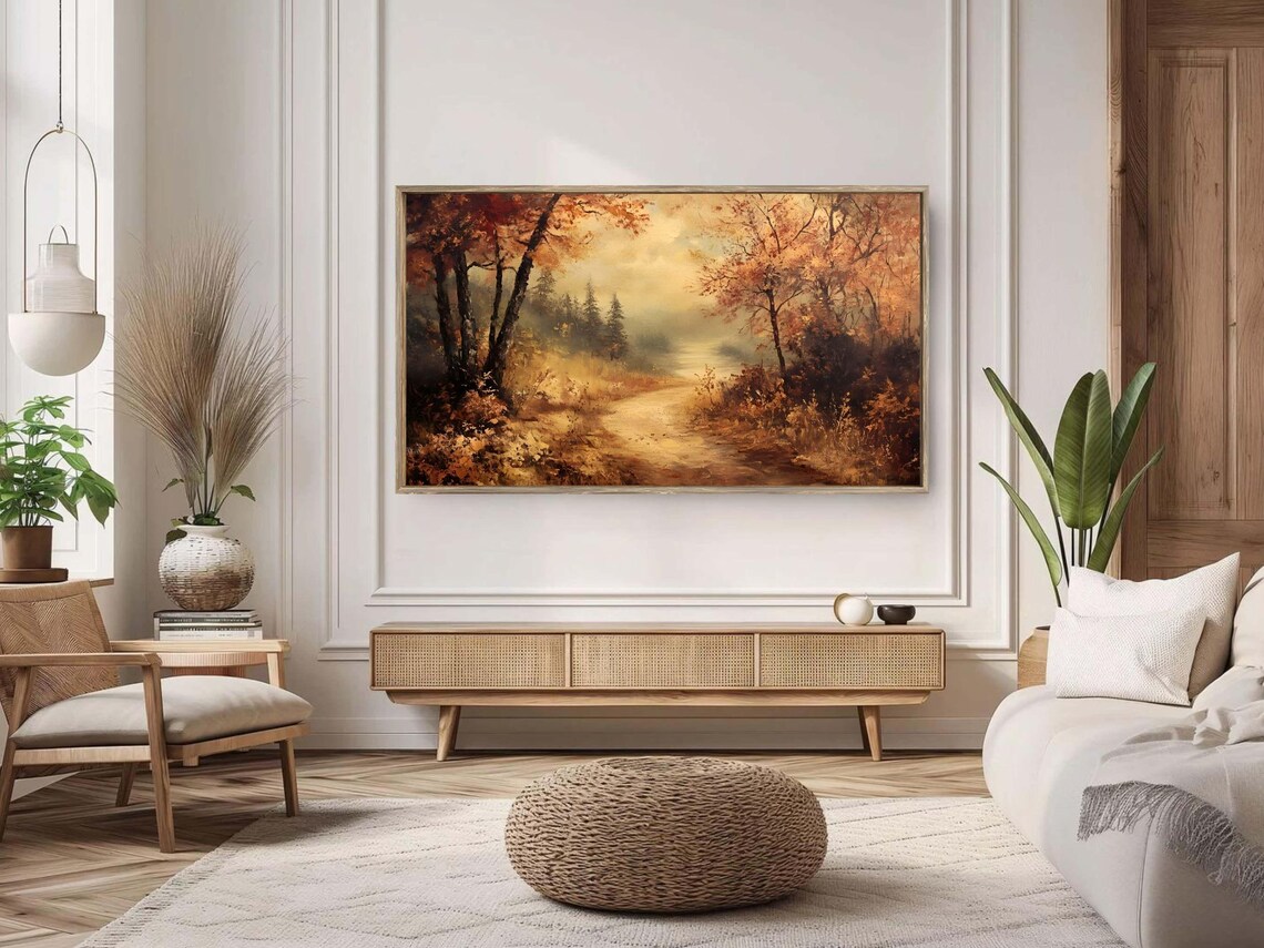 Misty Autumn Forest Pathway Golden Fall Foliage Vintage Oil Painting Poster - Image 2