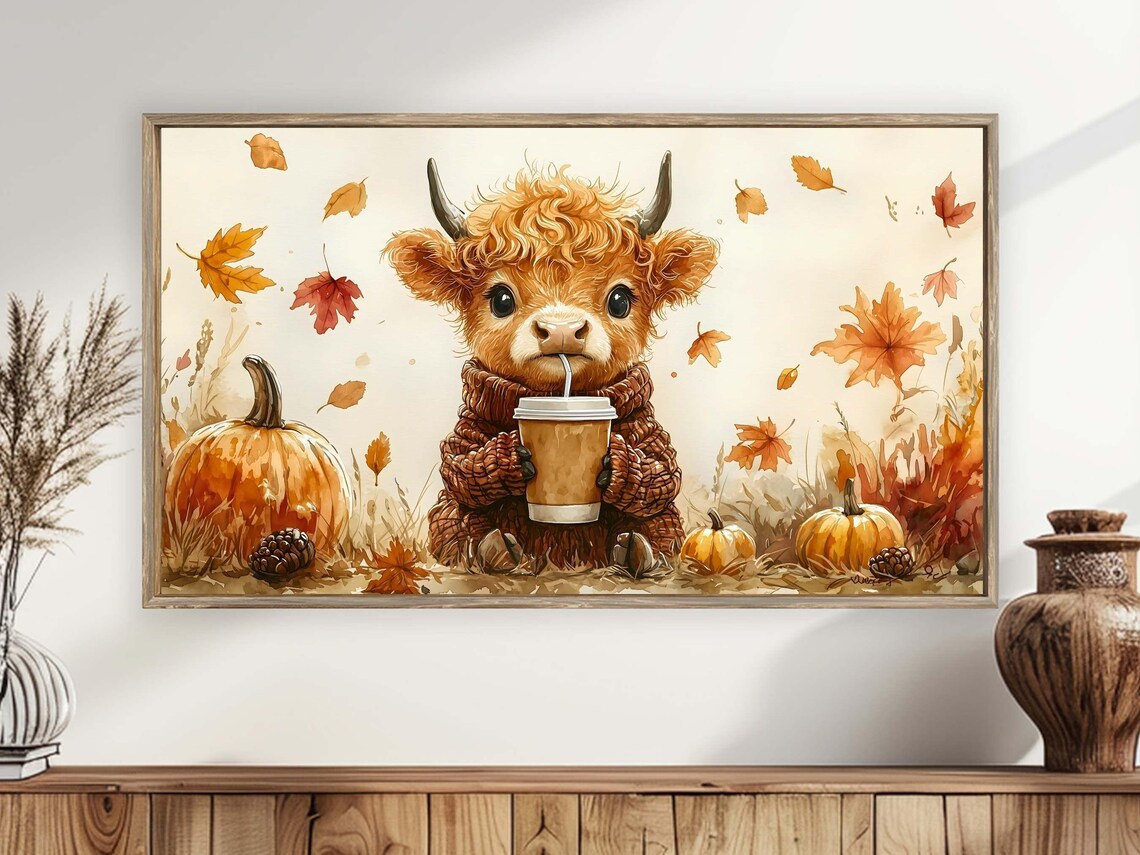 Cute Baby Highland Cow Sweater Coffee Fall Watercolor Wall Art Print Poster - Image 3