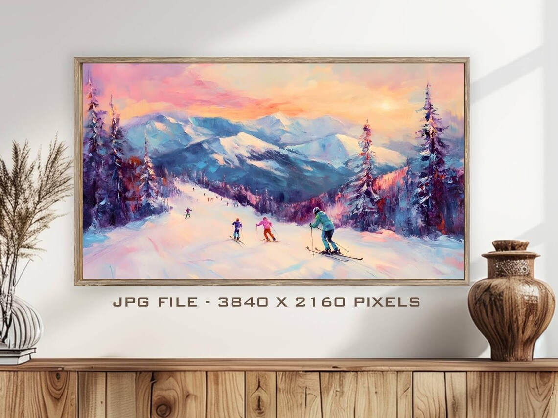 Colorful Skiers Snowy Mountain Sunset Slope Impressionist Winter Painting Art - Image 2