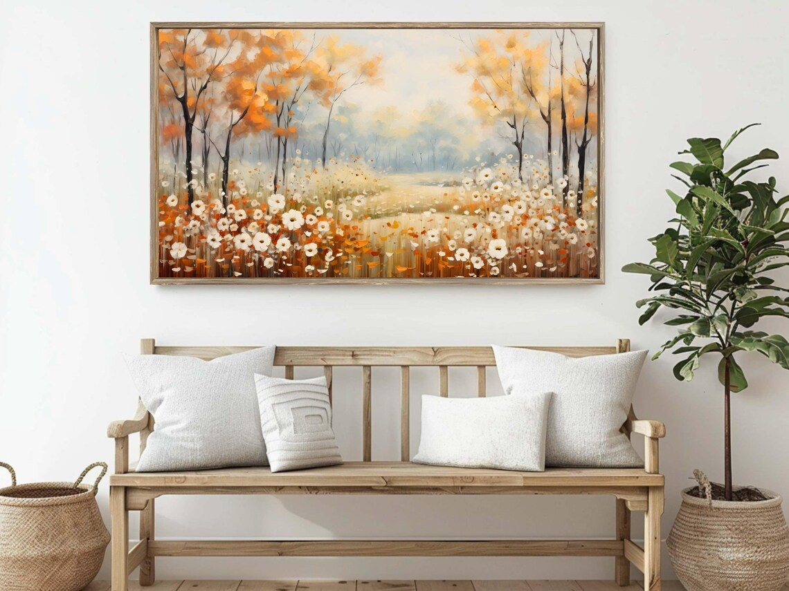 Autumn Wildflower Meadow Golden Fall Trees Misty Landscape Painting Poster - Image 2