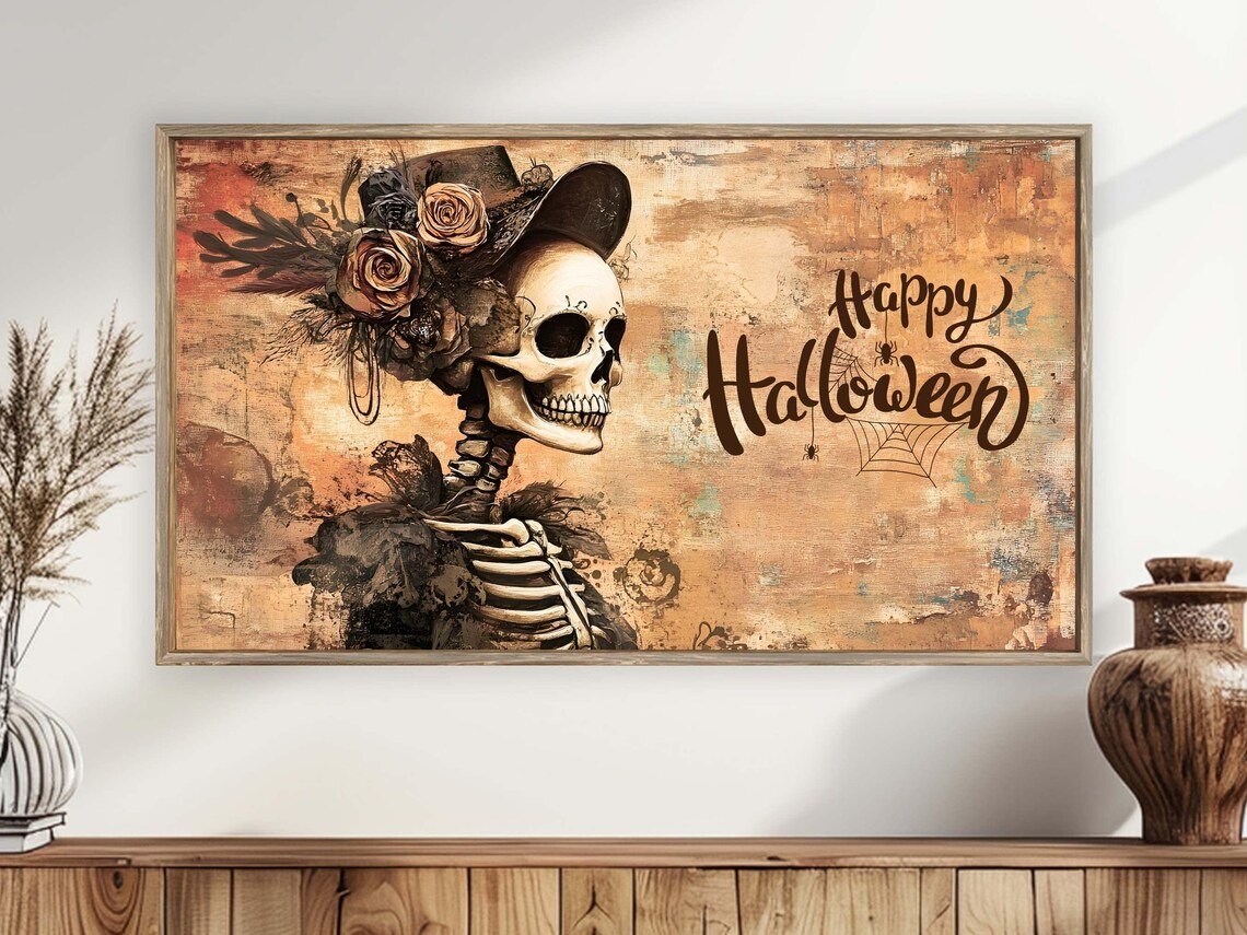 Vintage Skeleton Floral Hat Happy Halloween Script Spooky Wall Art Poster - Image 4