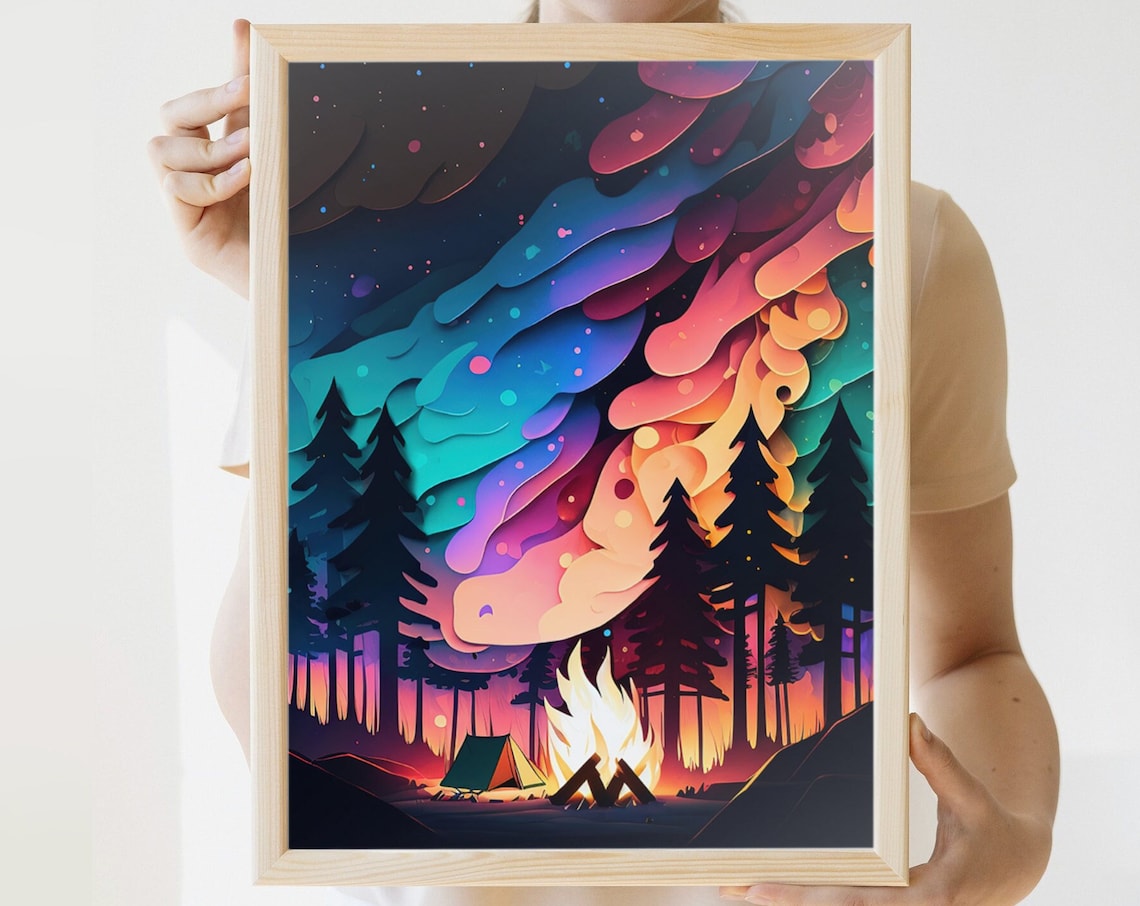 Campfire Northern Lights Art Print, Minnesota Lake House
