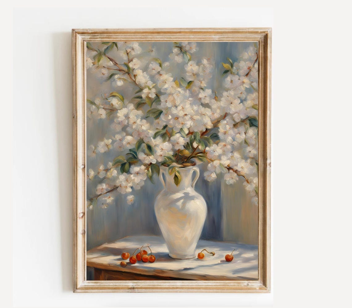 Cherry Blossom Branch in White Vase With Cherries Oil Painting Print