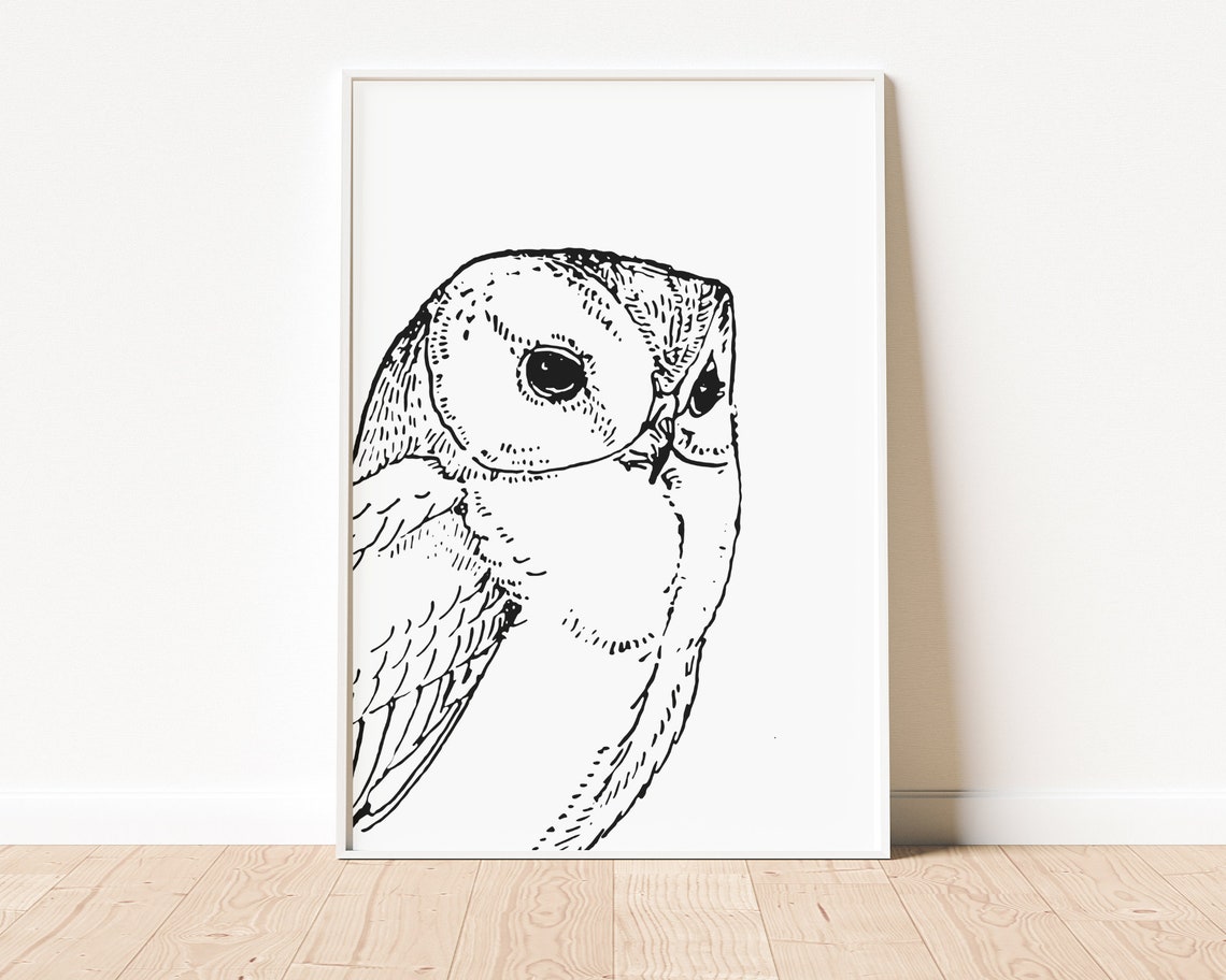 Barn Owl Portrait Black and White Ink Sketch Minimalist Art Print