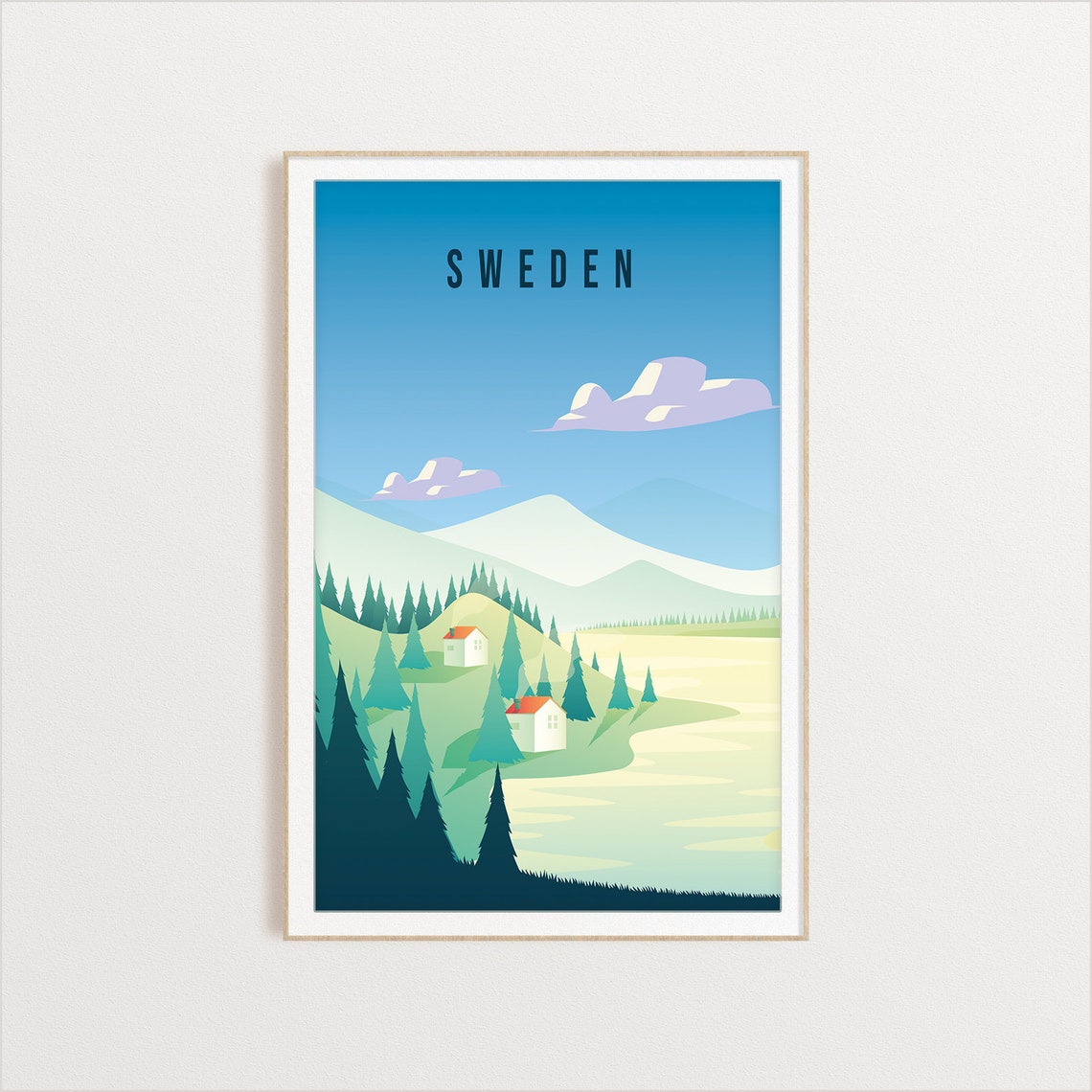 Sweden Forest Cabins Lake Mountain Landscape Nordic Travel Art Poster