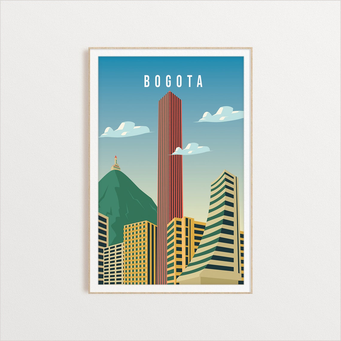 Bogota Colombia Travel Poster With Skyscraper And Mountain View Art