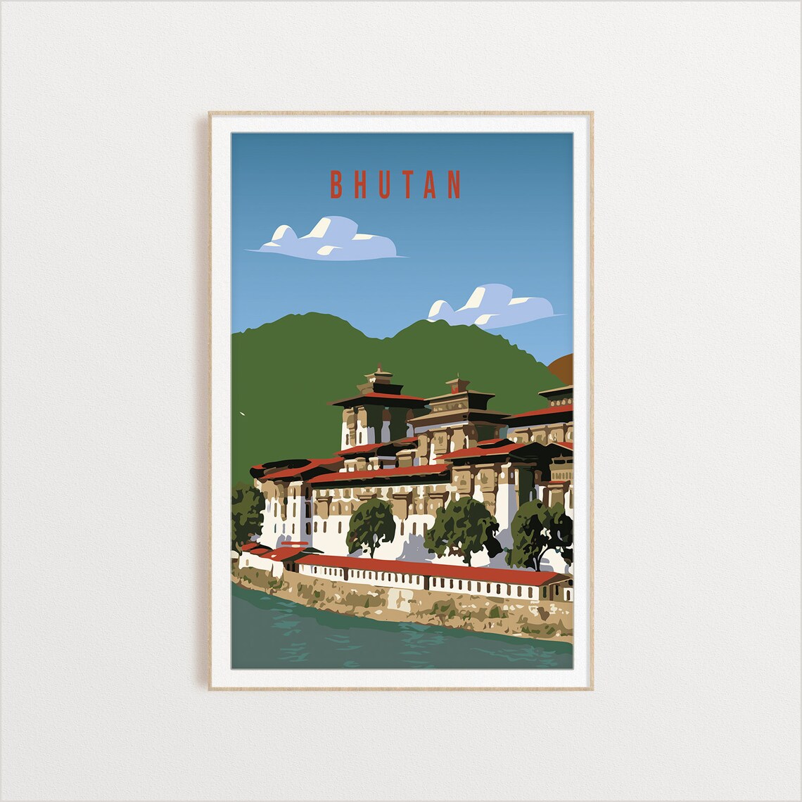 Bhutan Himalayan Fortress Temple River Vintage Travel Poster - Image 2