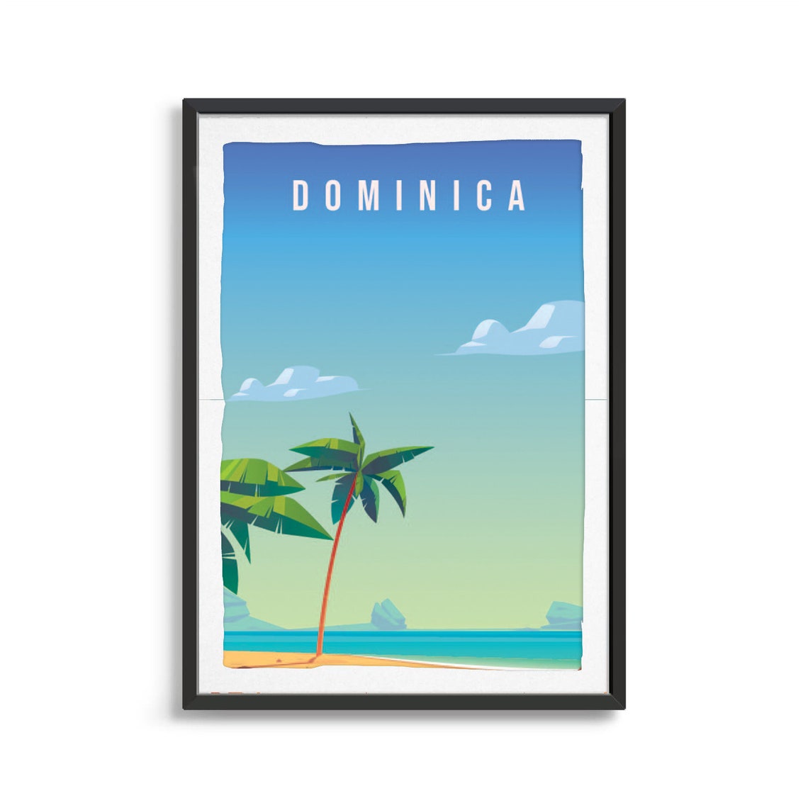 Dominica Palm Tree Travel Poster Caribbean Beach Coast Art Scene