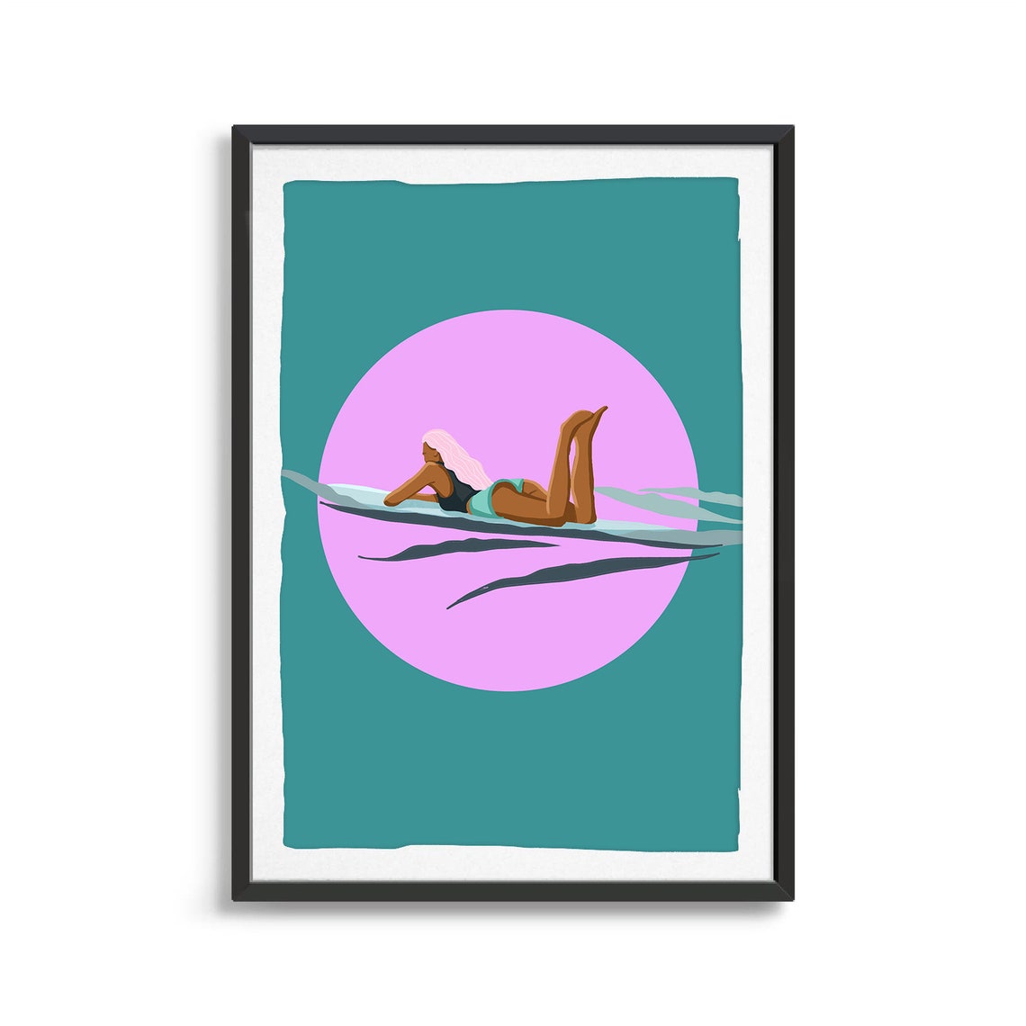 Minimalist Surfer Girl Relaxing On Board Retro Sunset Beach Art Print - Image 2