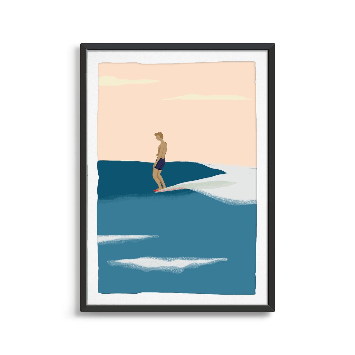 Minimalist Surfer Riding Blue Ocean Wave Coastal Surf Art Poster