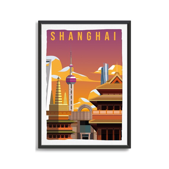 Shanghai Oriental Pearl Tower Pagoda Vintage China Travel Poster