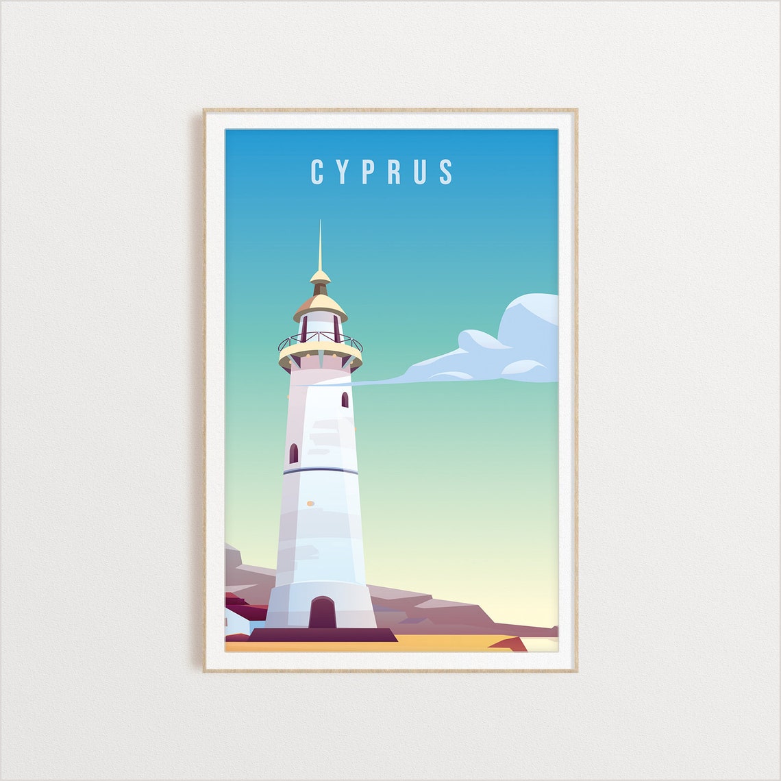 Cyprus Lighthouse Travel Poster Mediterranean Coastal Beacon Scene