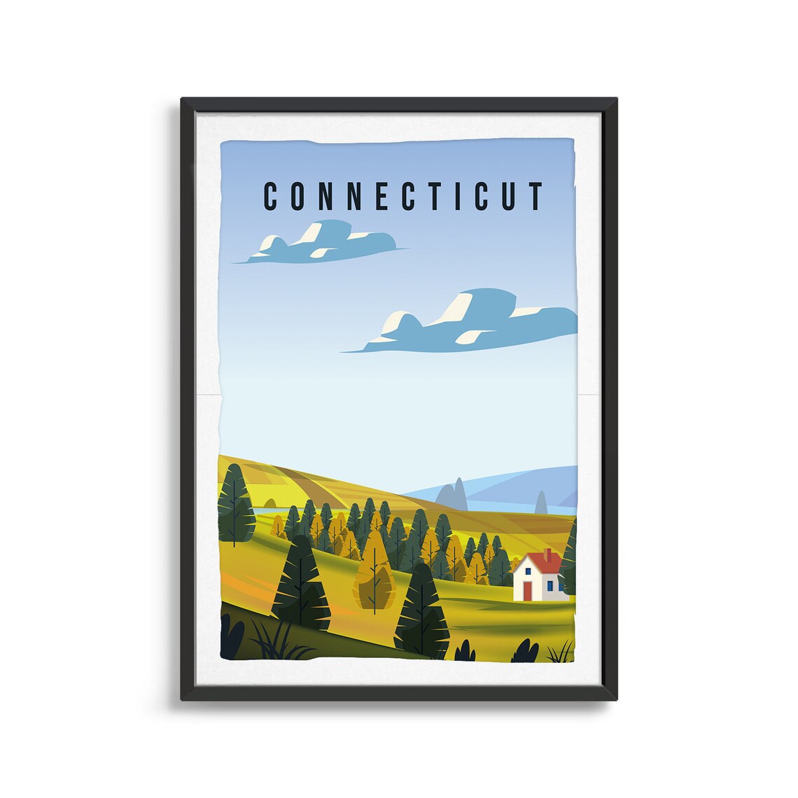 Connecticut Autumn Travel Poster Fall Countryside Hills Farm Art