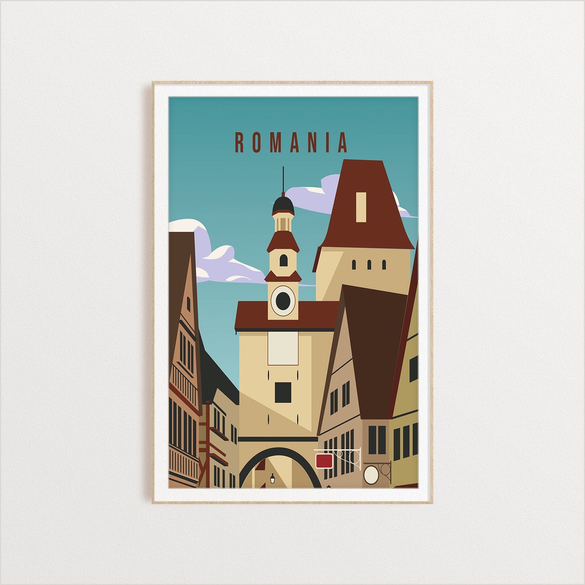 Romania Old Town Travel Poster Clock Tower Medieval Street Art - Image 2