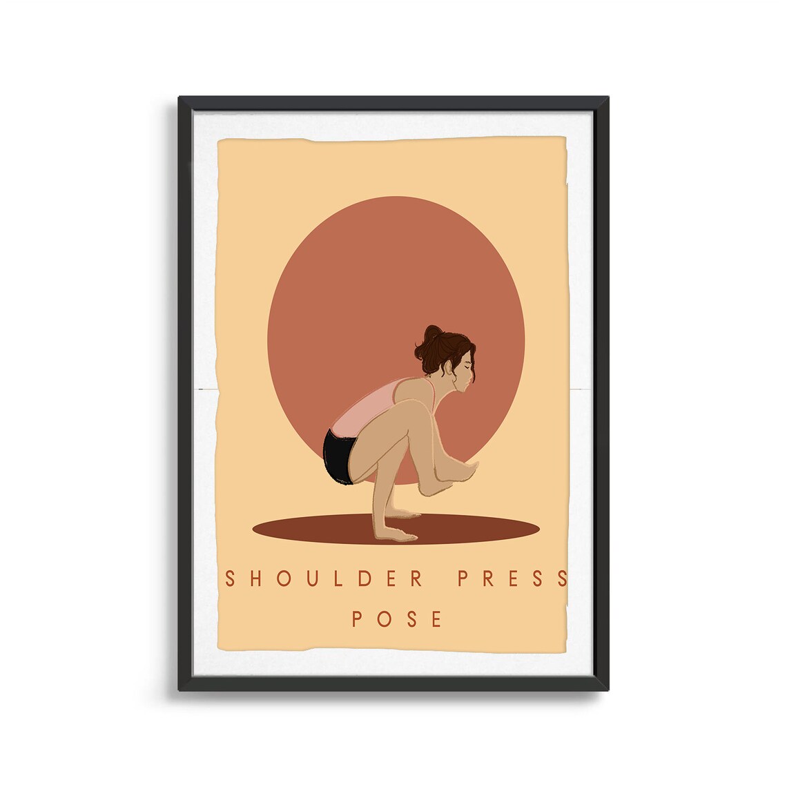 Shoulder Press Pose Retro Yoga Arm Balance Sun Circle Flat Illustration Print