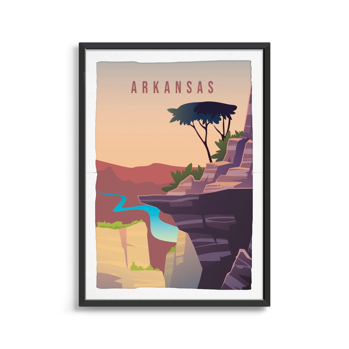 Retro Style Arkansas Sunset Canyon River Cliff Travel Souvenir Poster