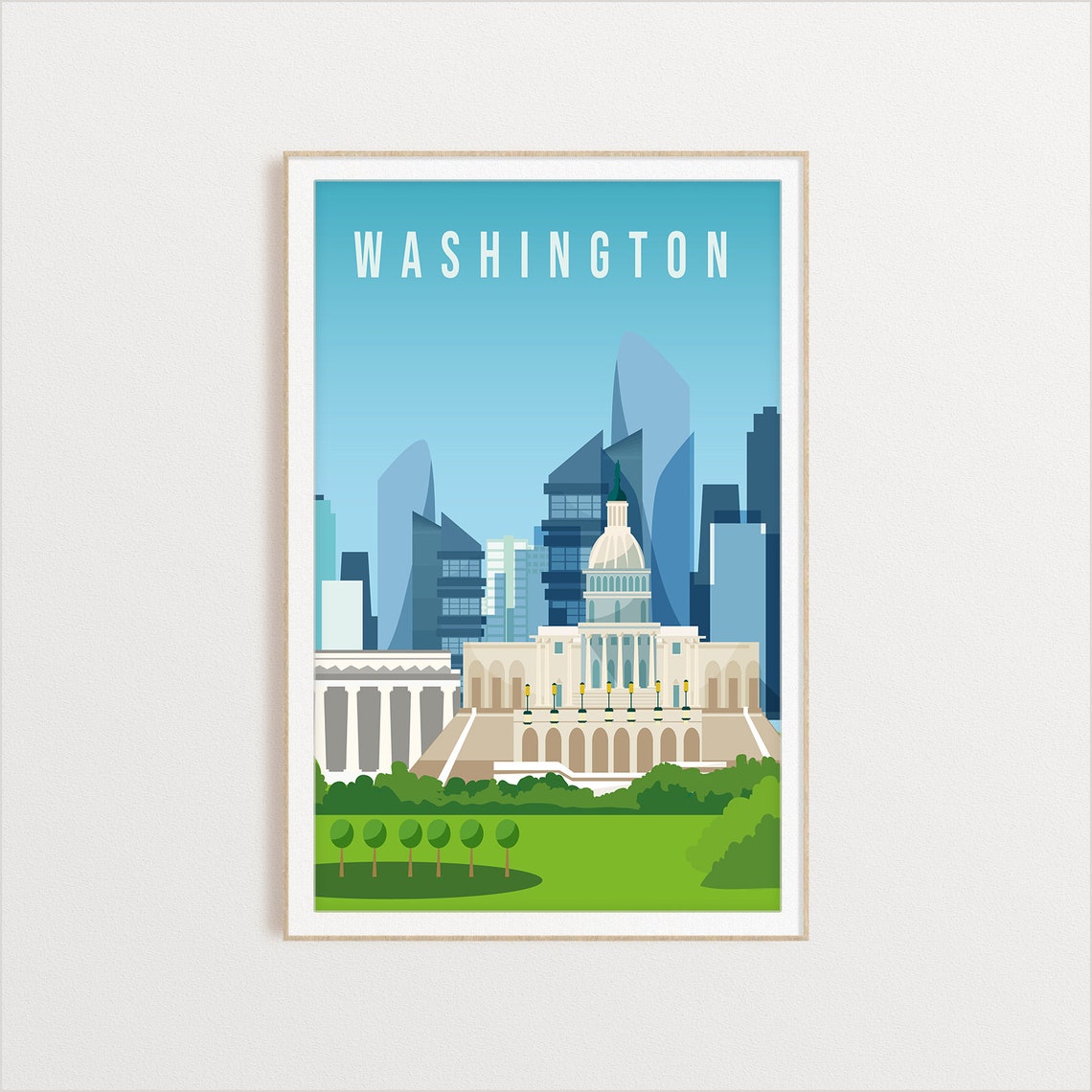 Washington DC Capitol Travel Poster US Capital Landmark Skyline Art