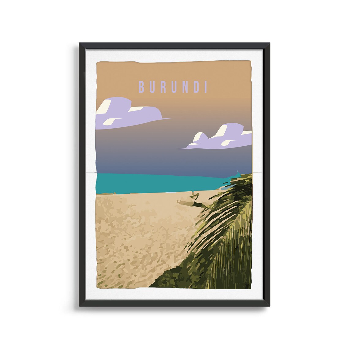 Burundi Beach Tropical Shoreline Sunset Vintage Travel Art Poster