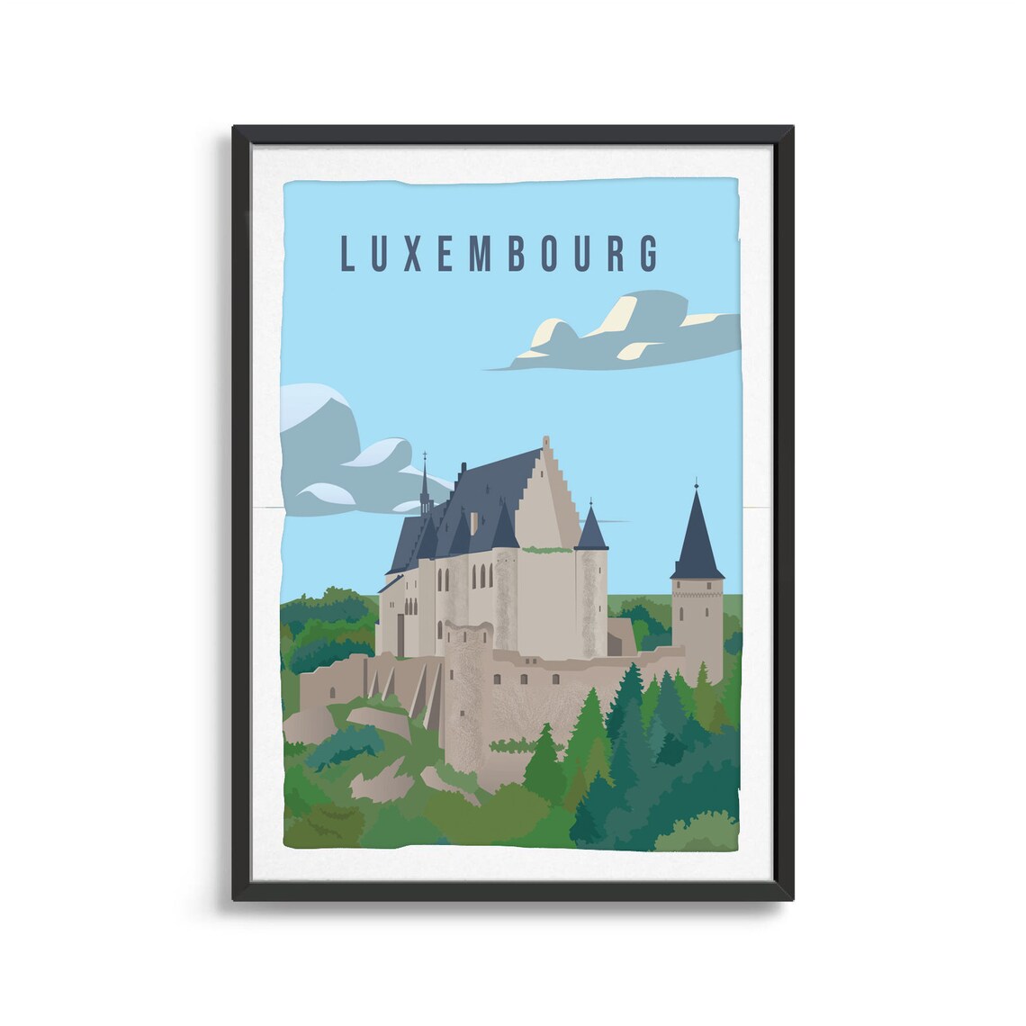 Luxembourg Castle Travel Poster Medieval Fortress Green Hill Art - Image 2