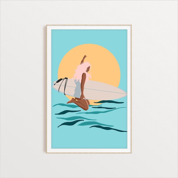 Surfs Up Surfer Girl Illustration Ocean Print For Surfers