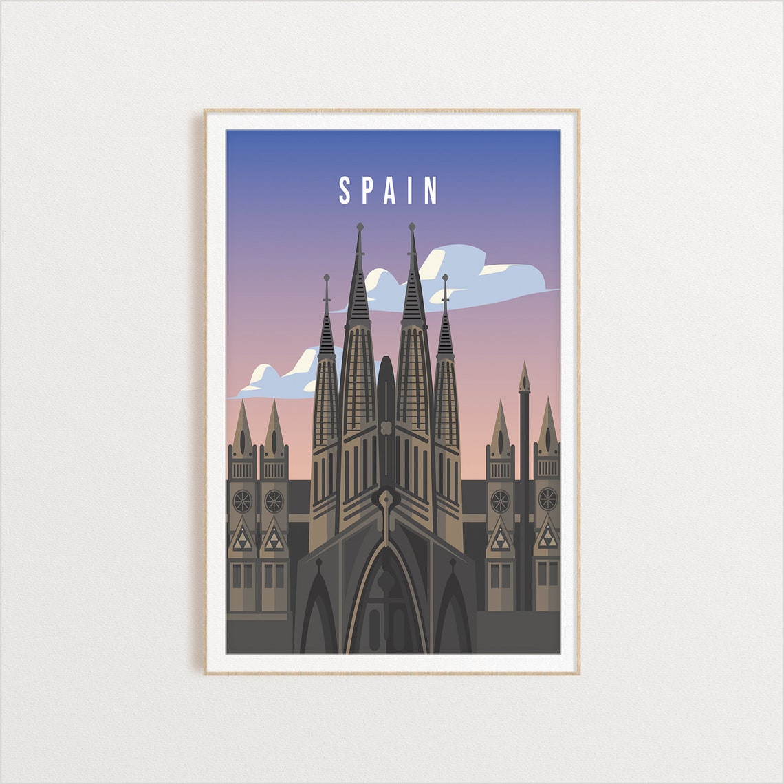 Spain Spired Cathedral Sunset Skyline Travel Souvenir Poster