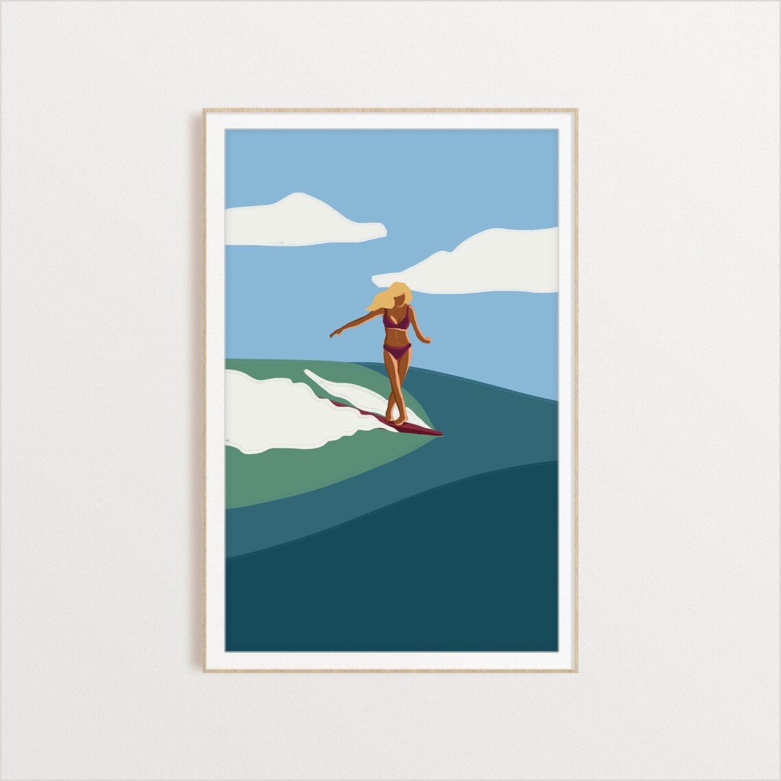 Woman Surfing Wave Poster With Ocean Blues Minimalist Beach Art
