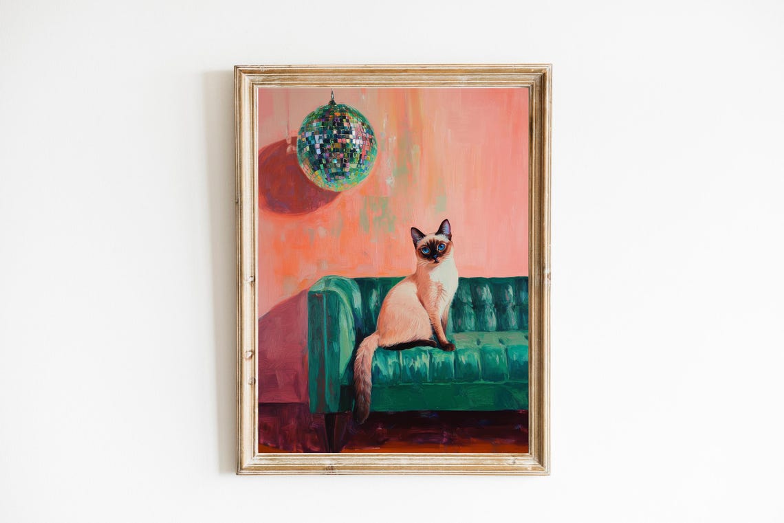 Siamese Cat Sitting Under Glittering Disco Ball Retro Funny Art Poster