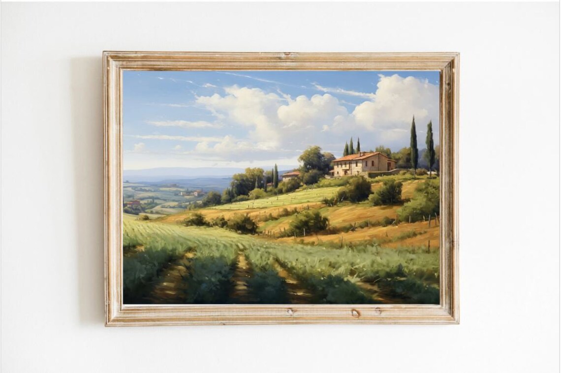 Tuscan Vineyard Villa and Cypress Hills Golden Oil Painting Poster
