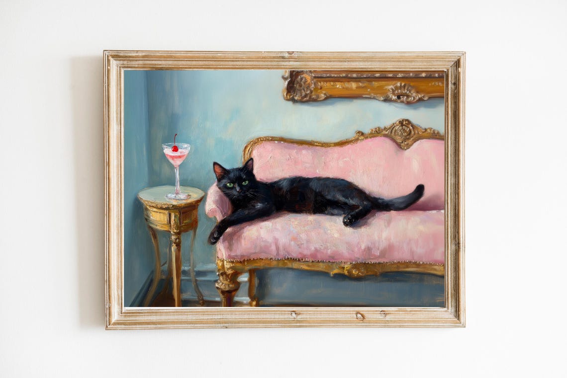 Black Cat Lounging on Pink Sofa with Cherry Cosmo Cocktail Poster