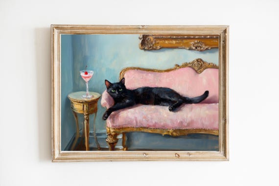 Black Cat With Cherry Cosmo Art Print Cute Quirky Whimsical Cocktail Bar Cart Decor Fine Gift Trendy Home Wall
