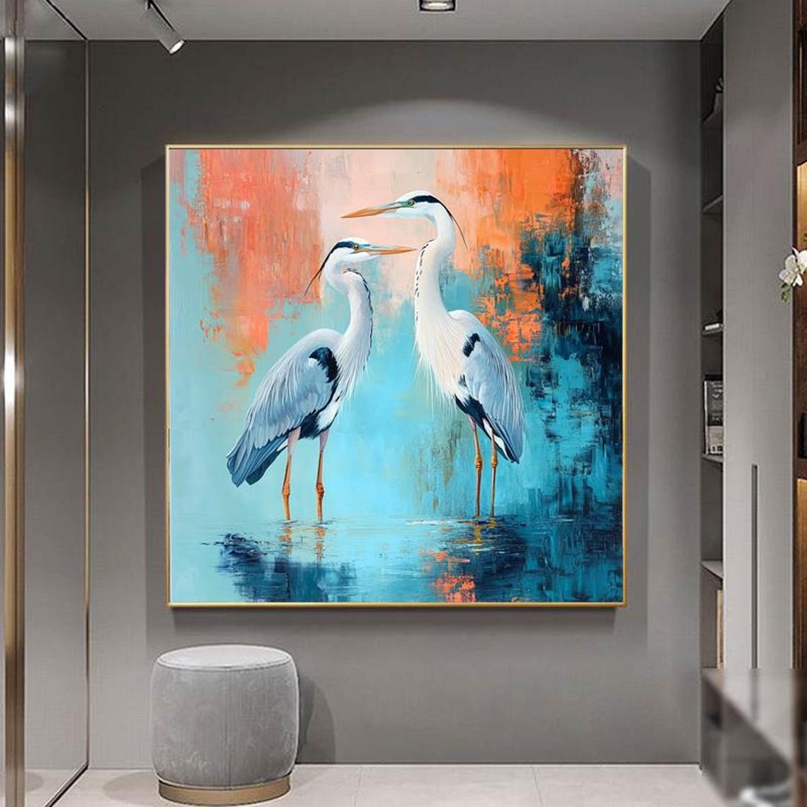 Two White Herons Teal Water Coral Sunset Abstract Painting Poster