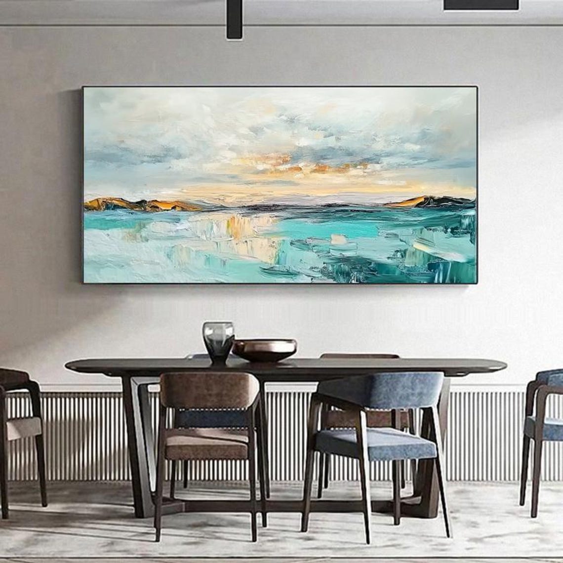 Turquoise Lakeside Sunset Abstract Reflection Painting Poster - Image 4