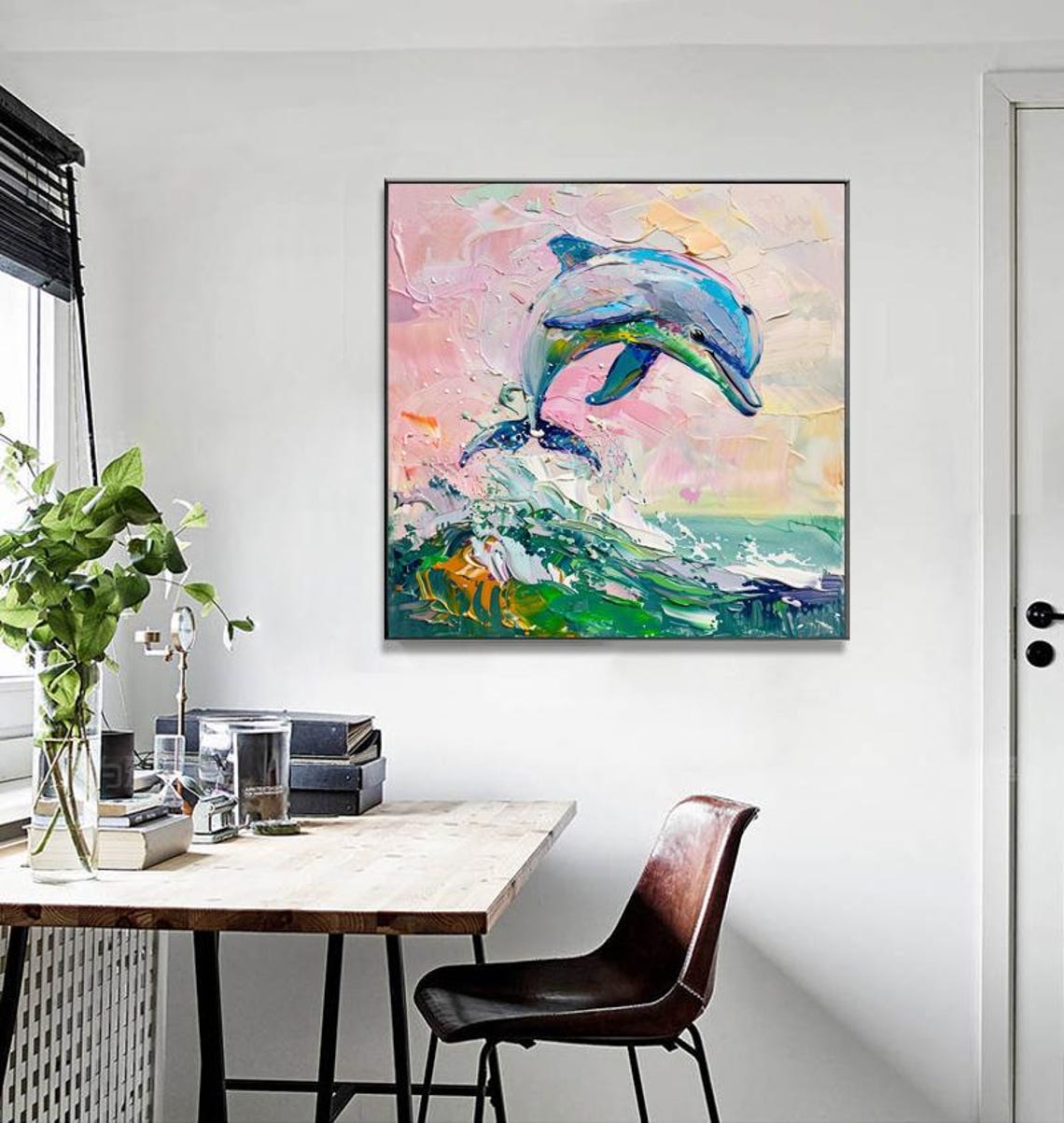 Joyful Leaping Rainbow Dolphin Over Sparkling Green Ocean Wave Poster - Image 2