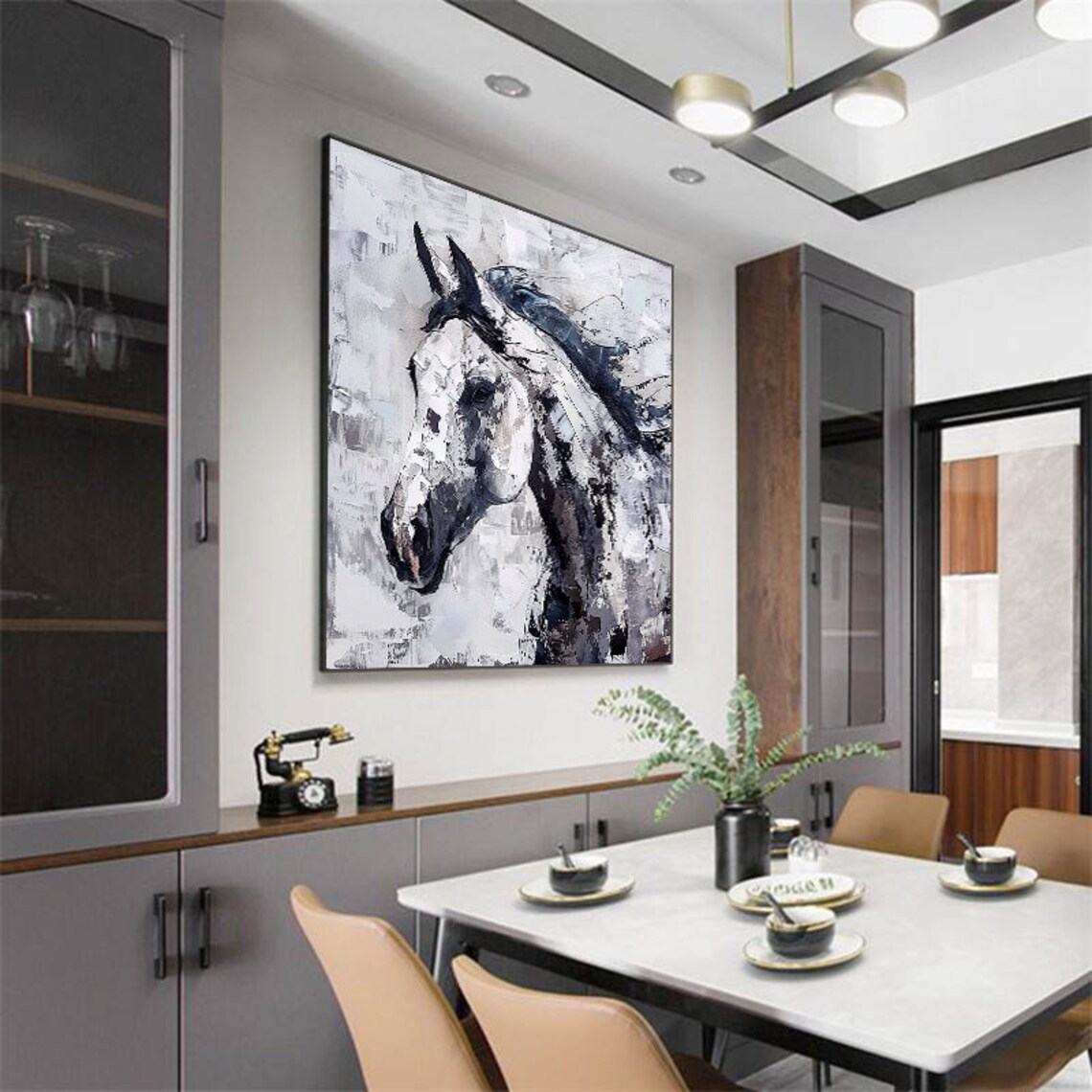 Gray White Horse Portrait Thick Palette Knife Expressive Art Poster - Image 2